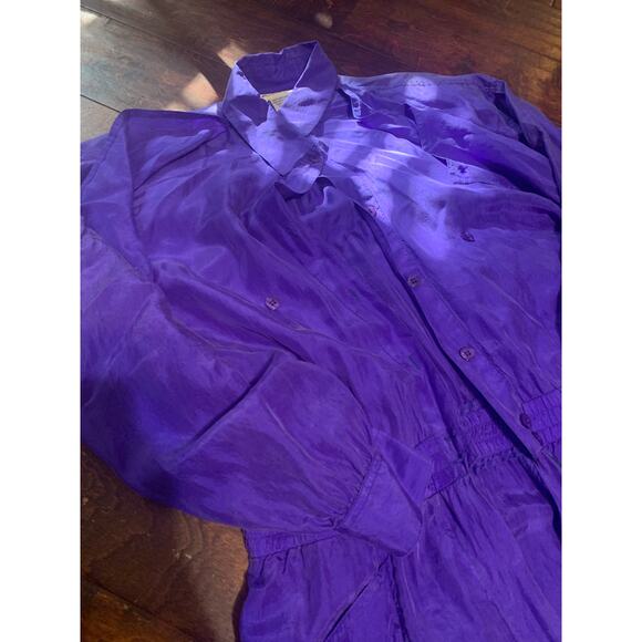 Vintage 80's Purple 100% Silk Full Length Jumpsuit Coveralls - Sz Large - Picture 2 of 11
